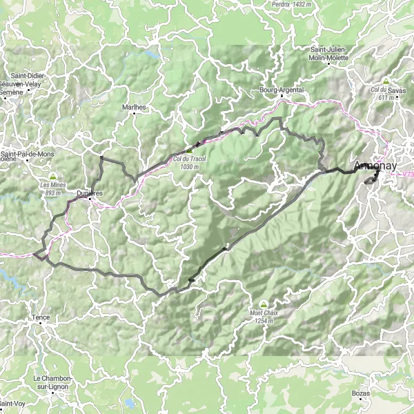 Map miniature of "Roiffieux - Col du Tracol Loop" cycling inspiration in Rhône-Alpes, France. Generated by Tarmacs.app cycling route planner