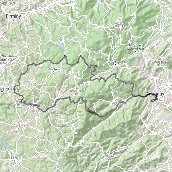 Map miniature of "Roiffieux - Burdignes Loop" cycling inspiration in Rhône-Alpes, France. Generated by Tarmacs.app cycling route planner