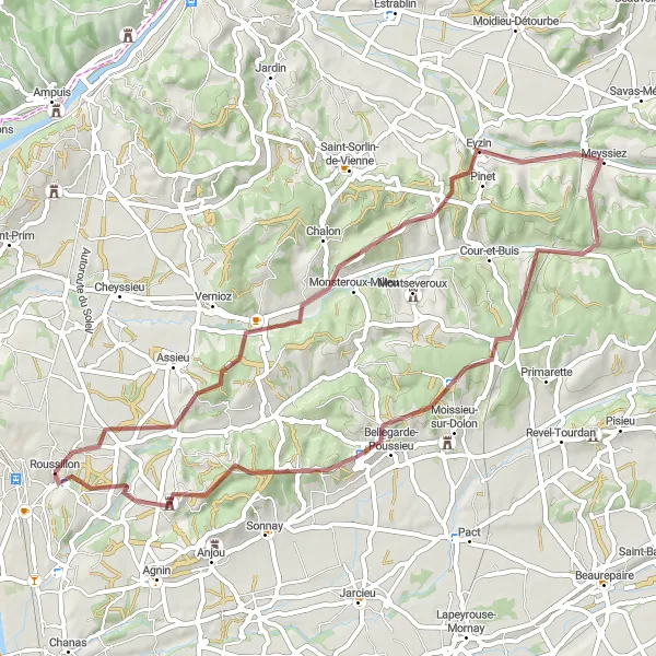Kartminiatyr av "Grusvei eventyr gjennom Bellegarde-Poussieu" sykkelinspirasjon i Rhône-Alpes, France. Generert av Tarmacs.app sykkelrutoplanlegger