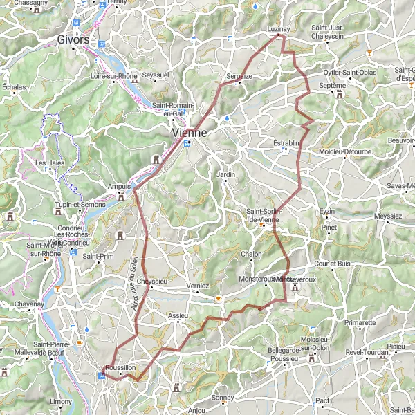 Miniatua del mapa de inspiración ciclista "Ruta de ciclismo de grava desde Roussillon" en Rhône-Alpes, France. Generado por Tarmacs.app planificador de rutas ciclistas