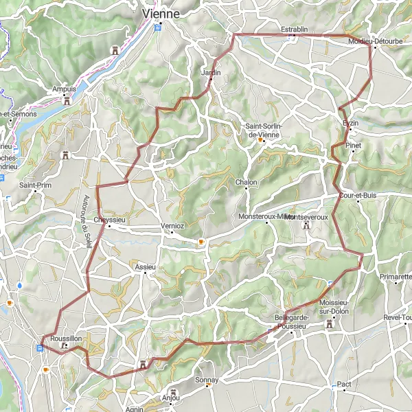 Mapa miniatúra "Gravelové dobrodružstvo v okolí Roussillonu" cyklistická inšpirácia v Rhône-Alpes, France. Vygenerované cyklistickým plánovačom trás Tarmacs.app