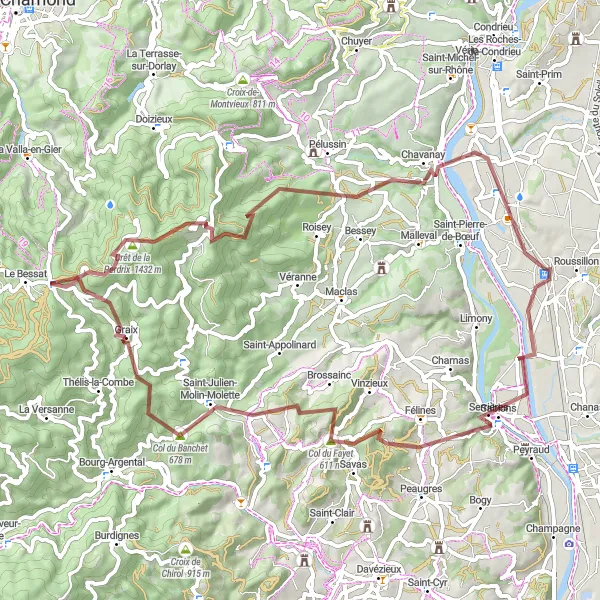 Miniatuurkaart van de fietsinspiratie "Avontuurlijke gravelrit langs Crêt de la Perdrix" in Rhône-Alpes, France. Gemaakt door de Tarmacs.app fietsrouteplanner