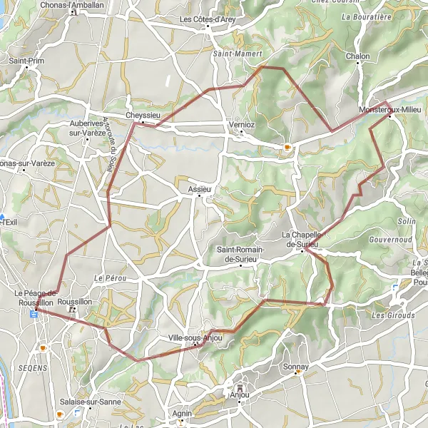 Kartminiatyr av "Monsteroux-Milieu og Ville-sous-Anjou Eventyret" sykkelinspirasjon i Rhône-Alpes, France. Generert av Tarmacs.app sykkelrutoplanlegger
