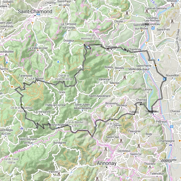 Kartminiatyr av "Utforsk Crêt de l'Œillon på en spennende rute" sykkelinspirasjon i Rhône-Alpes, France. Generert av Tarmacs.app sykkelrutoplanlegger