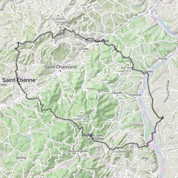 Miniatuurkaart van de fietsinspiratie "Bergachtige weg naar Saint-Étienne" in Rhône-Alpes, France. Gemaakt door de Tarmacs.app fietsrouteplanner