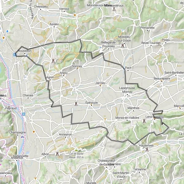 Miniatua del mapa de inspiración ciclista "Ruta de ciclismo de carretera desde Roussillon" en Rhône-Alpes, France. Generado por Tarmacs.app planificador de rutas ciclistas