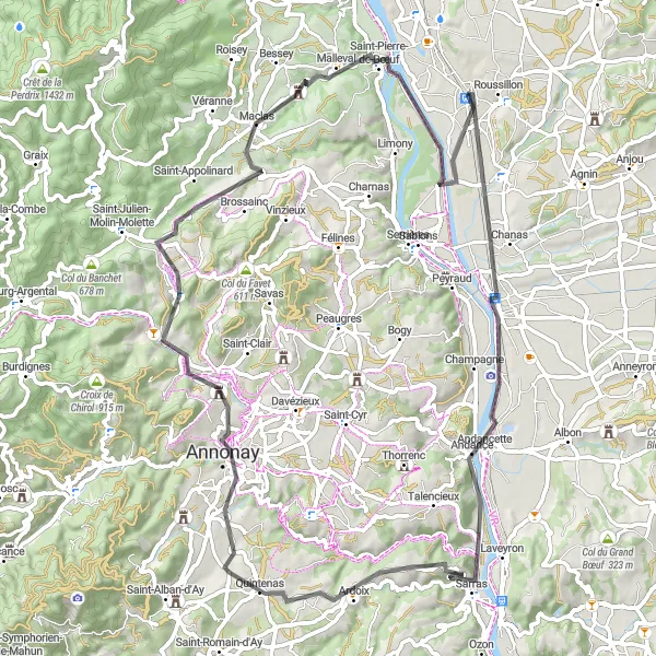 Miniatua del mapa de inspiración ciclista "Ruta de ciclismo de carretera de Roussillon" en Rhône-Alpes, France. Generado por Tarmacs.app planificador de rutas ciclistas