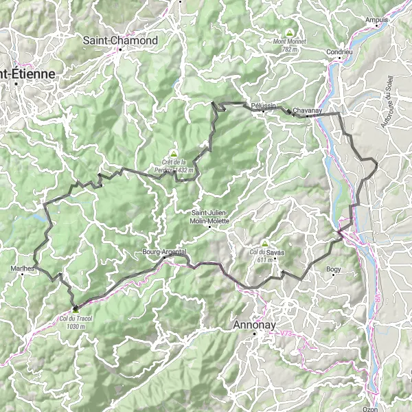 Zemljevid v pomanjšavi "Cestna kolesarska pot z zahtevnim vzponom" kolesarske inspiracije v Rhône-Alpes, France. Generirano z načrtovalcem kolesarskih poti Tarmacs.app