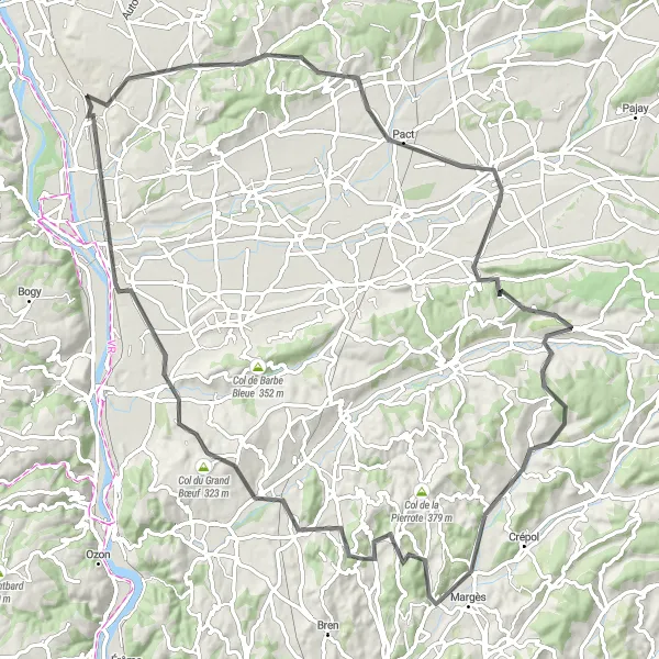 Miniature de la carte de l'inspiration cycliste "Circuit des collines de l'Isère" dans la Rhône-Alpes, France. Générée par le planificateur d'itinéraire cycliste Tarmacs.app