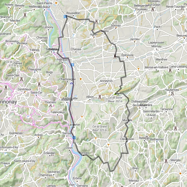 Kartminiatyr av "Scenisk Cykeltur i Nära Roussillon" cykelinspiration i Rhône-Alpes, France. Genererad av Tarmacs.app cykelruttplanerare
