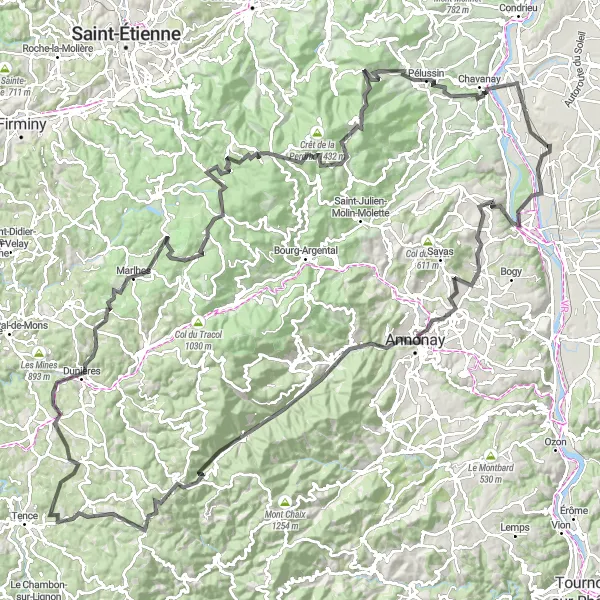 Miniatua del mapa de inspiración ciclista "Ruta de ciclismo de carretera por colinas y montañas" en Rhône-Alpes, France. Generado por Tarmacs.app planificador de rutas ciclistas