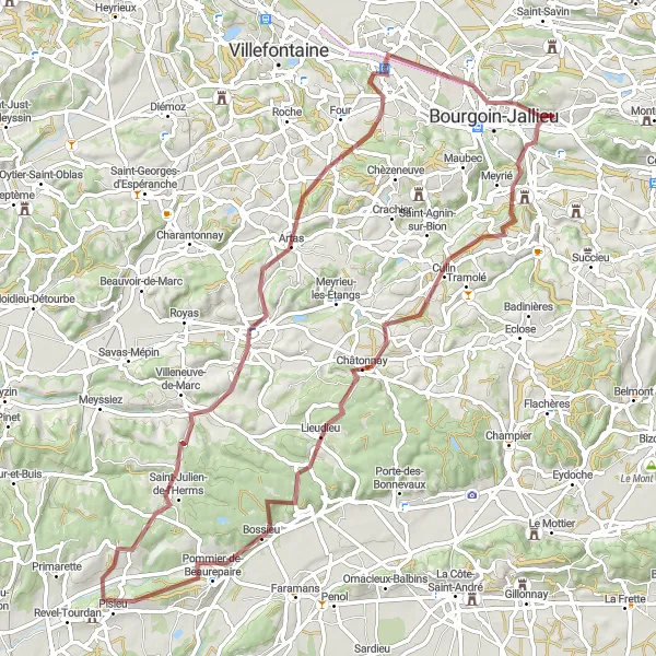 Miniatura della mappa di ispirazione al ciclismo "Gravel tra Ruy e Bourgoin-Jallieu" nella regione di Rhône-Alpes, France. Generata da Tarmacs.app, pianificatore di rotte ciclistiche