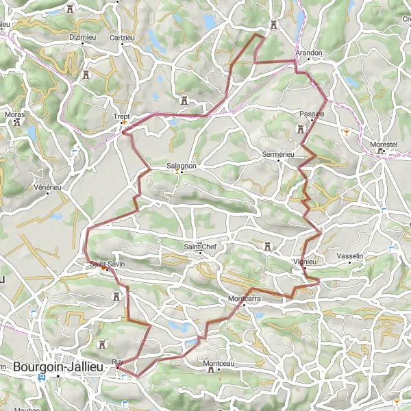 Miniatua del mapa de inspiración ciclista "Recorrido en bicicleta de gravilla con paisajes naturales" en Rhône-Alpes, France. Generado por Tarmacs.app planificador de rutas ciclistas