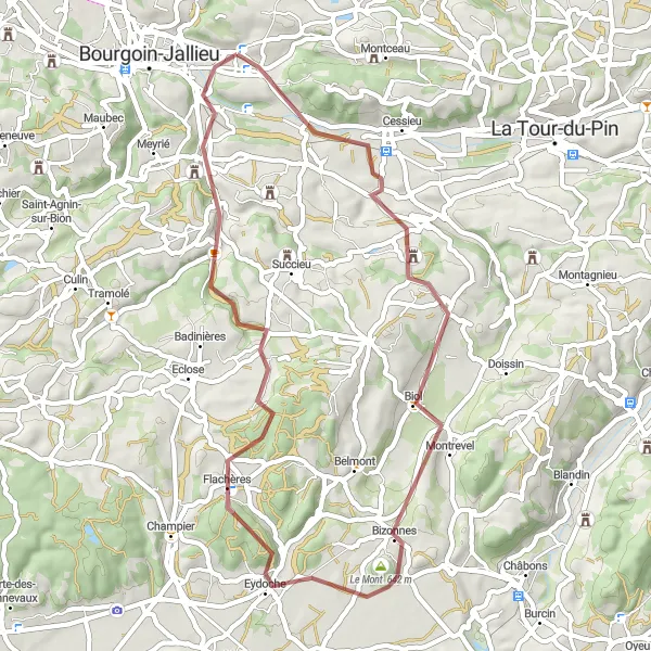 Miniature de la carte de l'inspiration cycliste "Escapade champêtre" dans la Rhône-Alpes, France. Générée par le planificateur d'itinéraire cycliste Tarmacs.app