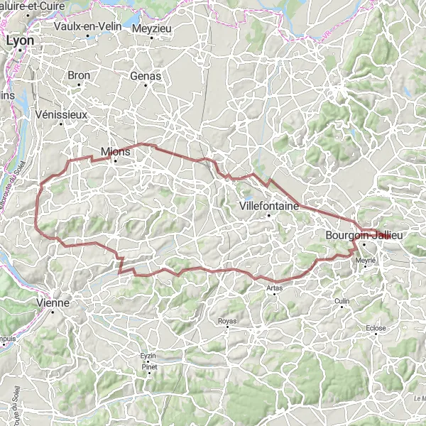 Zemljevid v pomanjšavi "Gravel Pot do Chèzeneuve" kolesarske inspiracije v Rhône-Alpes, France. Generirano z načrtovalcem kolesarskih poti Tarmacs.app