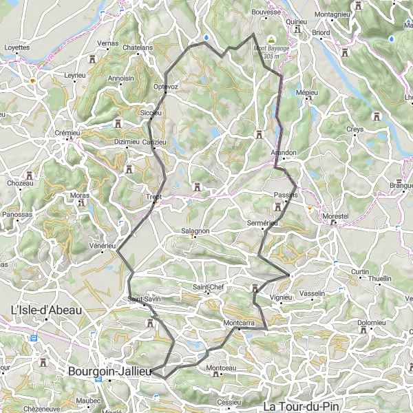 Miniatura mapy "Trasa Ruy - Saint-Savin - Trept - Optevoz - Arandon - Sermérieu - Montcarra" - trasy rowerowej w Rhône-Alpes, France. Wygenerowane przez planer tras rowerowych Tarmacs.app