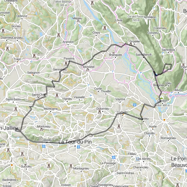 Miniature de la carte de l'inspiration cycliste "Escapade en terres dauphinoises" dans la Rhône-Alpes, France. Générée par le planificateur d'itinéraire cycliste Tarmacs.app