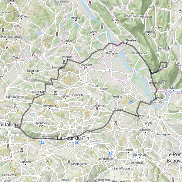 Miniatua del mapa de inspiración ciclista "Ruta de ciclismo de carretera con ascenso desafiante" en Rhône-Alpes, France. Generado por Tarmacs.app planificador de rutas ciclistas