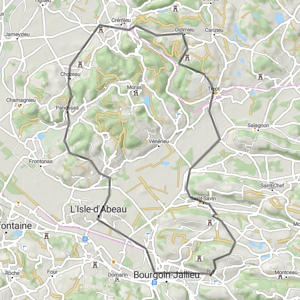 Miniatura della mappa di ispirazione al ciclismo "Tour in bicicletta da Bourgoin-Jallieu a Crémieu" nella regione di Rhône-Alpes, France. Generata da Tarmacs.app, pianificatore di rotte ciclistiche