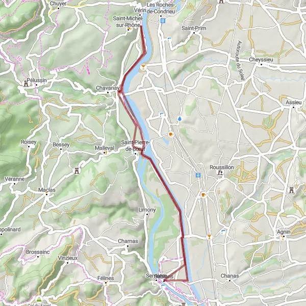 Miniature de la carte de l'inspiration cycliste "Boucle à vélo de gravel près de Sablons" dans la Rhône-Alpes, France. Générée par le planificateur d'itinéraire cycliste Tarmacs.app