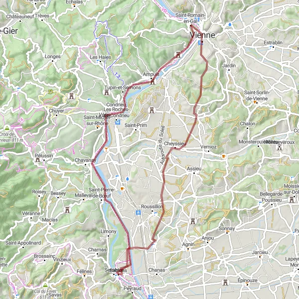 Miniature de la carte de l'inspiration cycliste "Boucle gravel à travers les vignobles" dans la Rhône-Alpes, France. Générée par le planificateur d'itinéraire cycliste Tarmacs.app