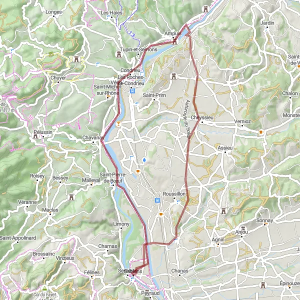 Map miniature of "Scenic Gravel Ride to Salaise-sur-Sanne" cycling inspiration in Rhône-Alpes, France. Generated by Tarmacs.app cycling route planner