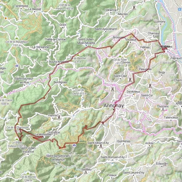 Miniatuurkaart van de fietsinspiratie "Gravelroute naar Le Monestier" in Rhône-Alpes, France. Gemaakt door de Tarmacs.app fietsrouteplanner