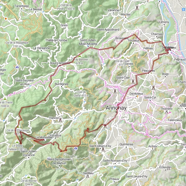 Miniature de la carte de l'inspiration cycliste "Boucle de la Madone et du Suc de Vent" dans la Rhône-Alpes, France. Générée par le planificateur d'itinéraire cycliste Tarmacs.app