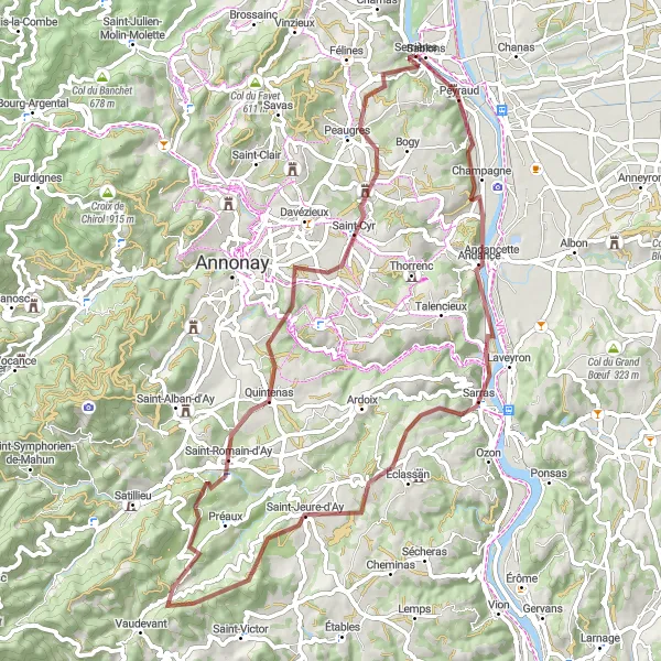 Miniature de la carte de l'inspiration cycliste "Les Collines d'Ardèche en Gravel" dans la Rhône-Alpes, France. Générée par le planificateur d'itinéraire cycliste Tarmacs.app