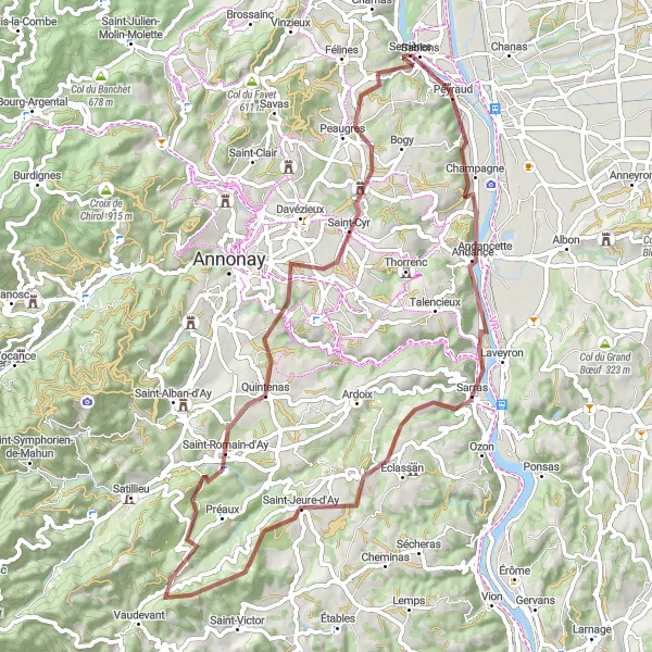 Mapa miniatúra "Gravel cyklistika okolo Sablons" cyklistická inšpirácia v Rhône-Alpes, France. Vygenerované cyklistickým plánovačom trás Tarmacs.app