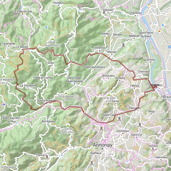 Miniatua del mapa de inspiración ciclista "Ruta de Grava Point de Vue de la Madone - Charnas" en Rhône-Alpes, France. Generado por Tarmacs.app planificador de rutas ciclistas