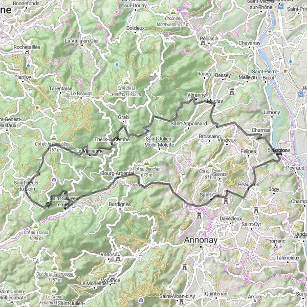 Miniature de la carte de l'inspiration cycliste "Défi cycliste jusqu'à Charnas" dans la Rhône-Alpes, France. Générée par le planificateur d'itinéraire cycliste Tarmacs.app