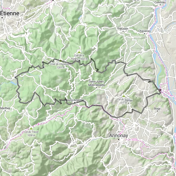 Zemljevid v pomanjšavi "Kolesarska pot proti La Chapelle-de-Surieu" kolesarske inspiracije v Rhône-Alpes, France. Generirano z načrtovalcem kolesarskih poti Tarmacs.app