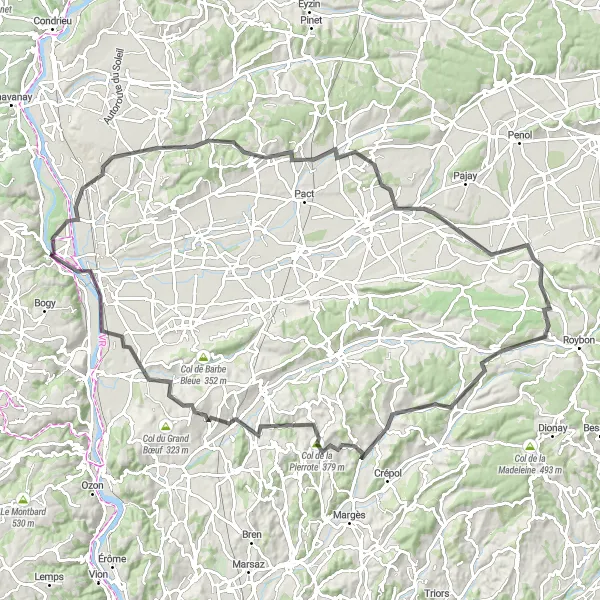Miniaturní mapa "Výzva pro silniční cyklisty" inspirace pro cyklisty v oblasti Rhône-Alpes, France. Vytvořeno pomocí plánovače tras Tarmacs.app