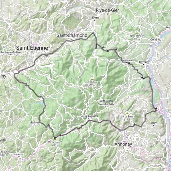 Map miniature of "Challenging Ride Through Rhône-Alpes" cycling inspiration in Rhône-Alpes, France. Generated by Tarmacs.app cycling route planner