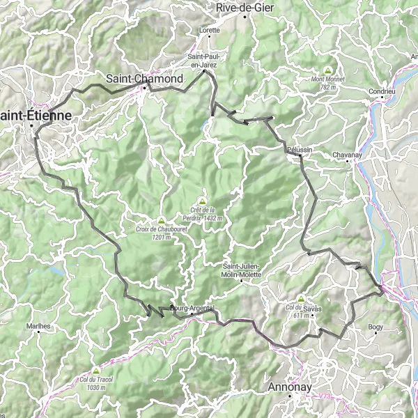 Miniatura della mappa di ispirazione al ciclismo "Giro in bicicletta attraverso suggestive strade di campagna" nella regione di Rhône-Alpes, France. Generata da Tarmacs.app, pianificatore di rotte ciclistiche