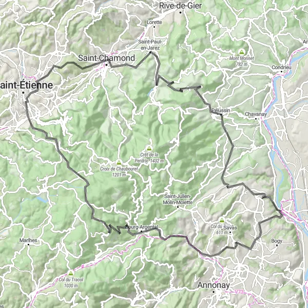 Miniaturekort af cykelinspirationen "Vejcykelruten med udfordrende stigninger" i Rhône-Alpes, France. Genereret af Tarmacs.app cykelruteplanlægger