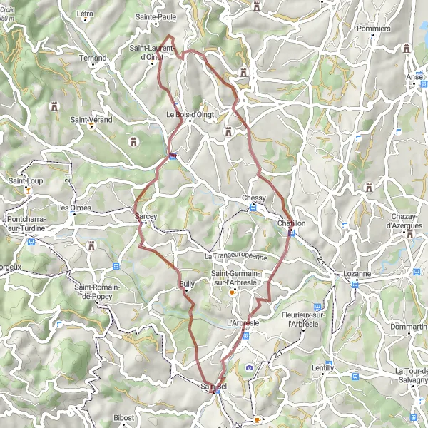 Zemljevid v pomanjšavi "Gorsko kolesarjenje okoli Sain-Bela" kolesarske inspiracije v Rhône-Alpes, France. Generirano z načrtovalcem kolesarskih poti Tarmacs.app