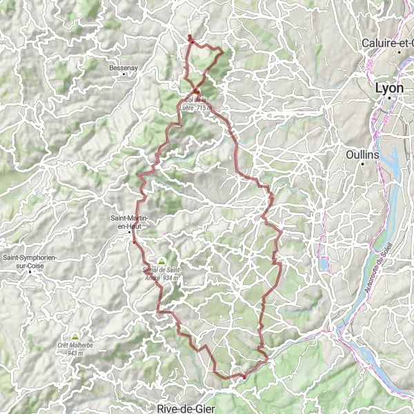 Karttaminiaatyyri "Gravel adventure to Yzeron" pyöräilyinspiraatiosta alueella Rhône-Alpes, France. Luotu Tarmacs.app pyöräilyreittisuunnittelijalla