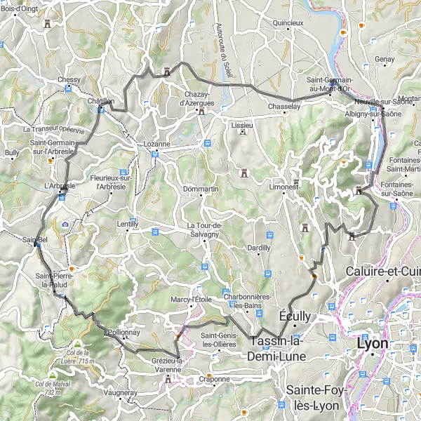 Karttaminiaatyyri "Sain-Bel - Col de la Croix du Ban Road Cycling Route" pyöräilyinspiraatiosta alueella Rhône-Alpes, France. Luotu Tarmacs.app pyöräilyreittisuunnittelijalla