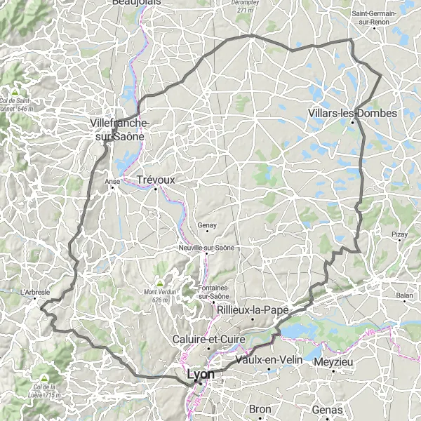 Karten-Miniaturansicht der Radinspiration "Hügeliges Straßenradfahren" in Rhône-Alpes, France. Erstellt vom Tarmacs.app-Routenplaner für Radtouren