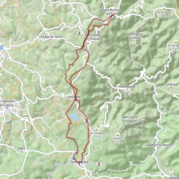 Miniature de la carte de l'inspiration cycliste "Le Parcours des Monts du Velay" dans la Rhône-Alpes, France. Générée par le planificateur d'itinéraire cycliste Tarmacs.app