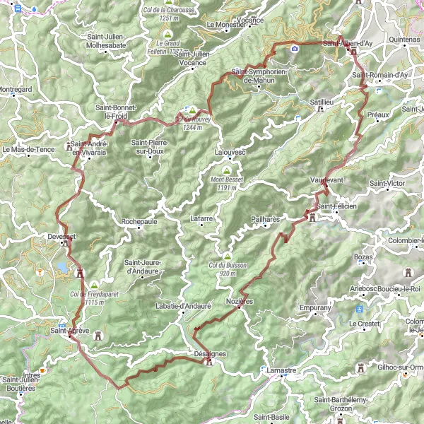 Mapa miniatúra "Gravelová cyklistická trasa cez okolie Saint-Agrève" cyklistická inšpirácia v Rhône-Alpes, France. Vygenerované cyklistickým plánovačom trás Tarmacs.app