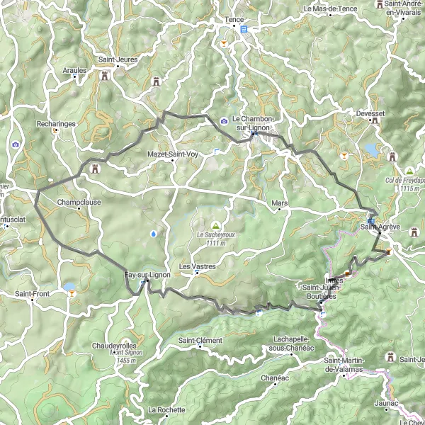 Map miniature of "Road Loop from Saint-Agrève" cycling inspiration in Rhône-Alpes, France. Generated by Tarmacs.app cycling route planner