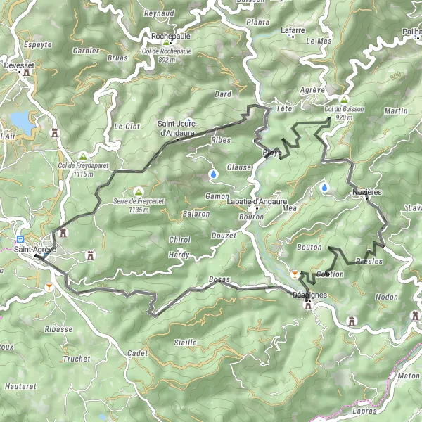 Map miniature of "Mountains and Villages" cycling inspiration in Rhône-Alpes, France. Generated by Tarmacs.app cycling route planner