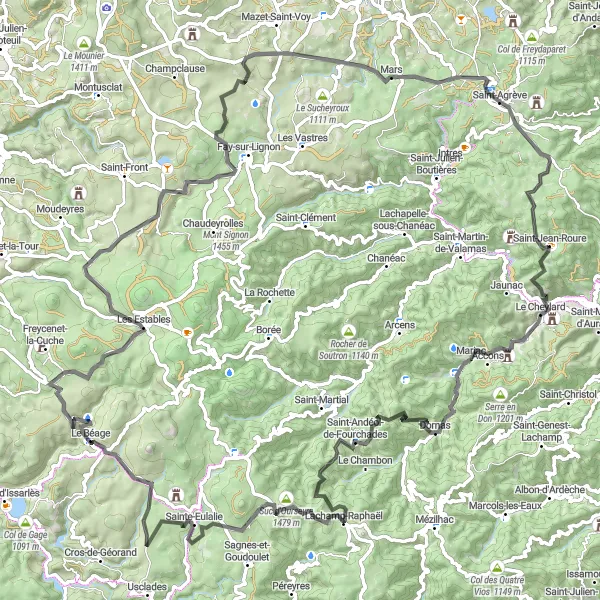 Miniatua del mapa de inspiración ciclista "Ruta de carretera desafiante desde Saint-Agrève" en Rhône-Alpes, France. Generado por Tarmacs.app planificador de rutas ciclistas