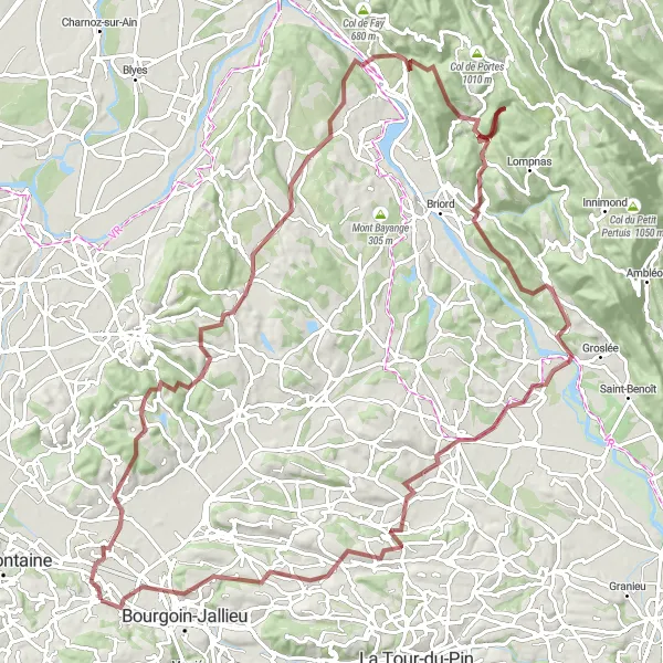 Miniatura mapy "Przejażdżka gravelowa przez Dizimieu i Morestel" - trasy rowerowej w Rhône-Alpes, France. Wygenerowane przez planer tras rowerowych Tarmacs.app