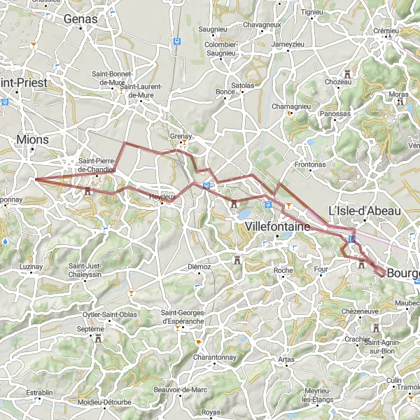 Map miniature of "Domarin to Saint-Pierre-de-Chandieu Gravel Cycling Route" cycling inspiration in Rhône-Alpes, France. Generated by Tarmacs.app cycling route planner