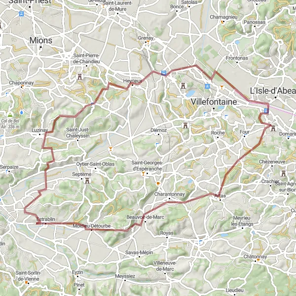 Miniaturekort af cykelinspirationen "Eventyrlige stier mellem skove og marker" i Rhône-Alpes, France. Genereret af Tarmacs.app cykelruteplanlægger