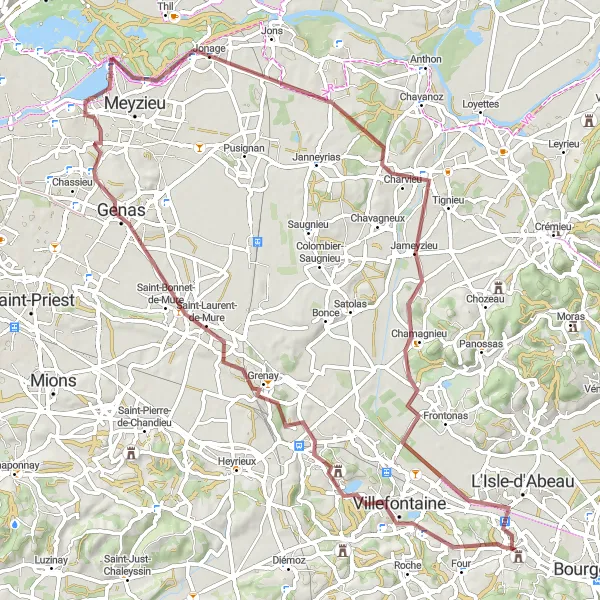 Zemljevid v pomanjšavi "Gravel kolesarska pot skozi Rhône-Alpes" kolesarske inspiracije v Rhône-Alpes, France. Generirano z načrtovalcem kolesarskih poti Tarmacs.app